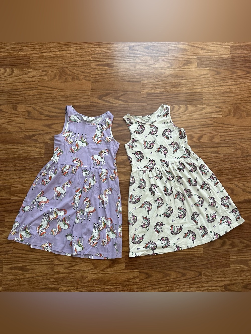 Bundle 2x H&M Girls 8-10 Sleeveless Cotton Summer Dress Unicorn Purple White EUC